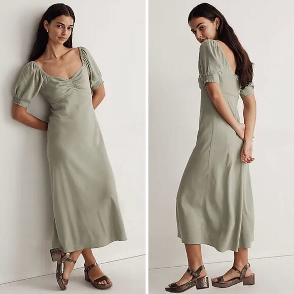 New! Madewell Sweetheart Puff-Sleeve Midi Dress in‎ frosted sage, size 6 - Picture 1 of 16